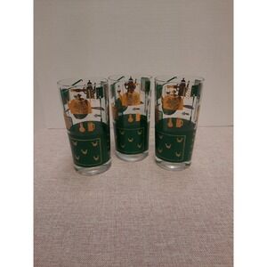 Bob Wallack Green and Gold Tall Cocktail Glass Lot of 3 Rare